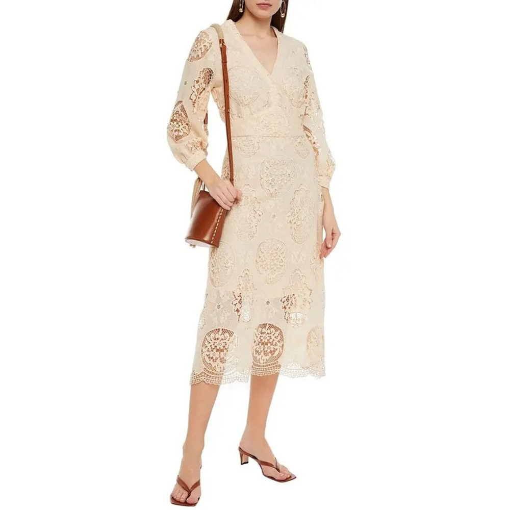 Maje Romy Guipure Lace Midi Dress Gown Ivory Size 42 XL Romantic Feminine